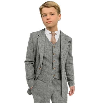 Костюм для мальчика из твида в елочку, детский строгий костюм из 3 предметов, роскошный повседневный однобортный пиджак, жилет, брюки, детские костюмы