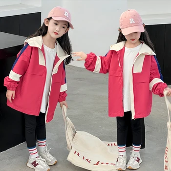 Куртка для девочек-подростков 3-14 лет, весенне-осенняя повседневная ветровка, Розовая детская верхняя одежда, детское пальто с капюшоном, детская одежда 2023