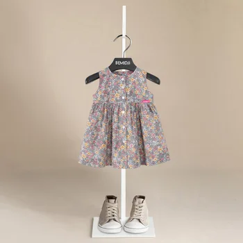 Летнее платье с цветочным рисунком для девочек, милая принцесса, детский жилет, пуговицы, воротник, хлопковые платья для дня рождения, детская одежда