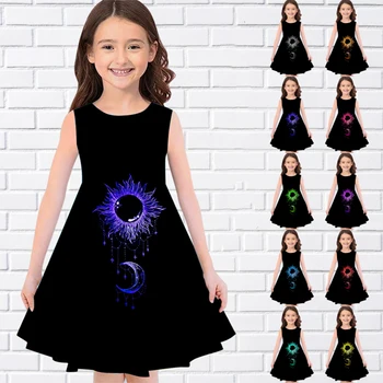 Летнее трендовое платье без рукавов с 3D-принтом и рисунком Луны для девочек, повседневные длинные платья с круглым вырезом, модные детские платья большого размера