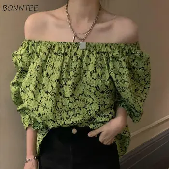 Летние блузки с цветочным рисунком, женская зеленая одежда, Мешковатый винтажный стиль харадзюку, Элегантная уличная сорочка с вырезом лодочкой, французские хипстеры