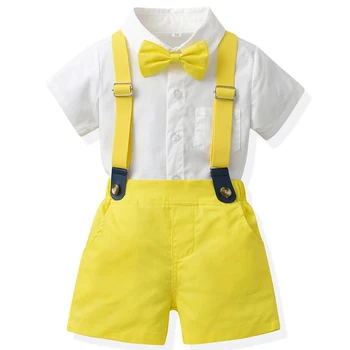 Летние наряды для маленьких мальчиков 2023 года, Корейская детская одежда, модный комплект одежды для джентльмена с галстуком, футболка + шорты, бутик детской одежды BC451