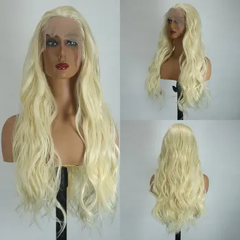 Медовый блонд # 613 Синтетический парик на кружеве без клея, свободная волна, Термостойкое волокно, натуральный пробор без линии роста волос для женщины