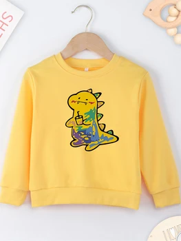 Милые желтые свитшоты без капюшона с принтом динозавра для маленьких девочек и мальчиков, удобные высококачественные Новые Горячие свитера унисекс Y2K Kawaii, одежда для свитеров