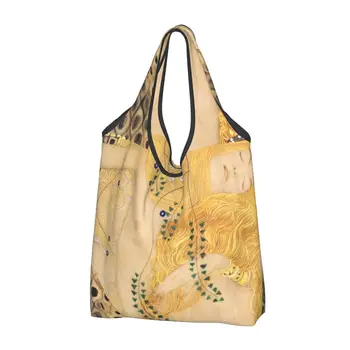 Многоразовая сумка для покупок Gustav Klimt Gold Mermaid, складная, весом 50 фунтов, Австрийский художник, 19-я Эко-сумка, экологичная