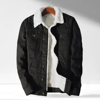 Модное джинсовое пальто Удобная мужская джинсовая куртка Однотонные карманы на пуговицах Джинсовая верхняя одежда с защитой от холода