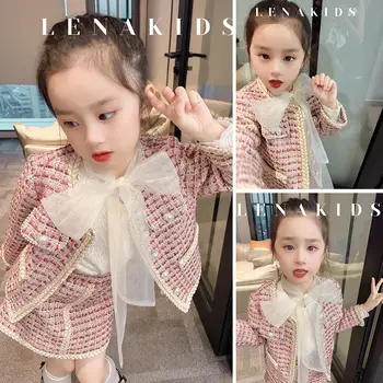 Модное осенне-зимнее элегантное пальто с принцессой и бантом, куртка + Короткая юбка, 2/3 шт., комплекты для девочек, Детская Корейская одежда, одежда для детских вечеринок