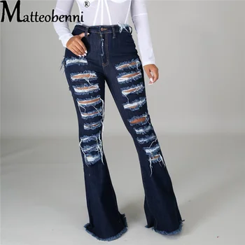 Модные женские джинсы-клеш с дырками и высокой талией, рваные джинсы-клеш с разрезом, женские черные джинсовые брюки с кисточками, сексуальные узкие расклешенные джинсовые брюки