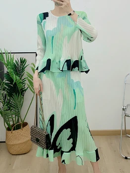 Модные комплекты с плиссированным принтом Miyake, женские топы с длинными рукавами, юбка-труба с высокой талией, Элегантная Осенняя новая одежда 2023 года