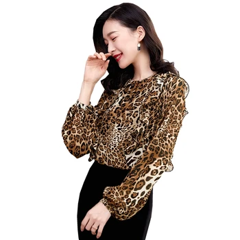 Новые модные женские весенне-летние женские шифоновые рубашки с леопардовым принтом и оборками с круглым вырезом, свободные топы с длинными рукавами