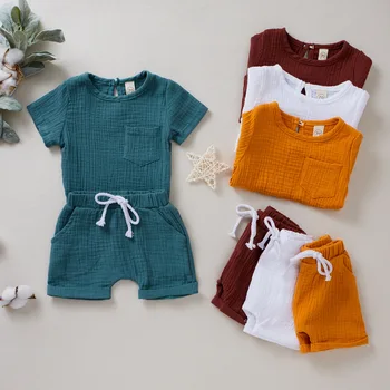 Однотонные шорты из крепированной ткани с короткими рукавами для мальчиков и малышей, летний костюм, детская одежда