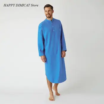 Однотонный халат для сна, для отдыха, мужская ночная рубашка со стоячим воротником, домашняя одежда, карман с длинным рукавом, пуговицы на пуговицах