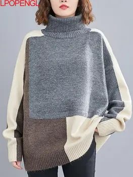Осенне-зимний вязаный свитер с воротником в цвет блока, женский ретро Удобный пуловер с длинным рукавом, низ свободного кроя, топ