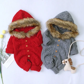 Осенне-зимний детский комбинезон для ребенка Вязаный комбинезон с капюшоном для новорожденных мальчиков и девочек, комбинезон для ребенка, весенняя одежда для младенцев