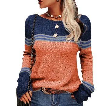 Осенне-зимний Новый Женский Темпераментный топ для пригородных поездок, вязаный свитер с круглым вырезом в полоску и цветными вставками С длинными рукавами