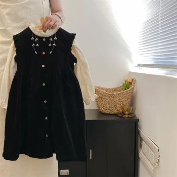 Осенняя рубашка с пузырчатыми рукавами для девочек 2023, детское платье с развевающимися рукавами в корейском стиле, детское милое платье из двух частей