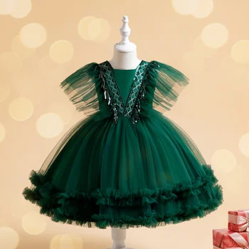 Платье для девочек, Рождественская новая детская одежда, сетчатая юбка-пузырек с блестками и кисточками, платье принцессы, Красное платье