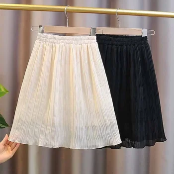 Плиссированные Шифоновые юбки для девочек, новое поступление 2023 года, Детские повседневные Бежевые Черные юбки для девочек-подростков, приталенные юбки в Корейском стиле