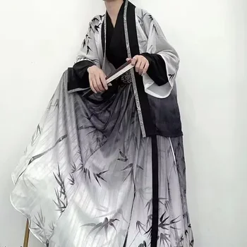 Плюс размер 3XL Hanfu Мужской косплей на Хэллоуин с китайским традиционным древним принтом Hanfu Бамбуковый серый и черный 4шт комплектов Плюс размер