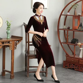 Плюс размер Бархатное Ципао в Китайском стиле, женский Чонсам, Ретро Классическое Длинное платье с воротником-стойкой, сексуальное платье с тонким разрезом, расшитое блестками.