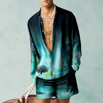 Повседневная Простая мужская рубашка с кубинским воротником, модный дизайн с абстрактным принтом, летний комплект рубашек с длинными рукавами, мужские трендовые топы, уличная мужская одежда