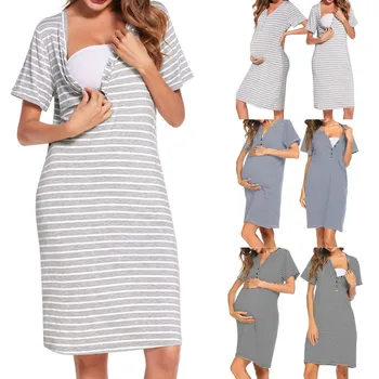 Повседневное платье в полоску для беременных, женская ночная рубашка на пуговицах с коротким рукавом для беременных, платье для кормления, пижама для грудного вскармливания, халат