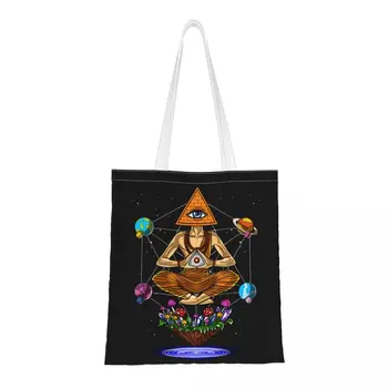 Психоделический гриб Пирамида Будды Многоразовые сумки через плечо Женская сумка для покупок Модная сумка для медитации Большая вместительная сумка Холст