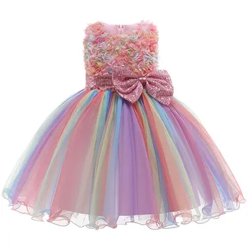 Радужное сетчатое платье с бантом для девочек 1-10 лет, танцевальный костюм для вечеринки по случаю Дня рождения, Летние вечерние платья принцессы для маленьких детей, Повседневная одежда для детей