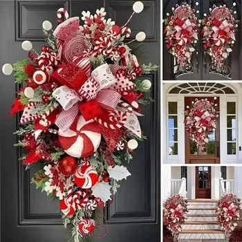 Рождественская конфетная трость, красные и белые декоративные елочные венки в перевернутом виде для декора дома, сада и стен круглый год