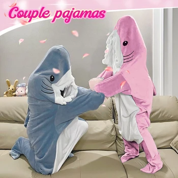 Розовый Синий Комплект для пары с мультяшной акулой, Теплое одеяло для пары, Фланелевая толстовка с рисунком животного, Цельная пижама, Шаль из высококачественной ткани