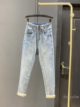 Светло-голубые плотные обтягивающие джинсы для женщин, новинка зимы 2023, облегающие бархатные узкие брюки-карандаш, облегающие, универсальные