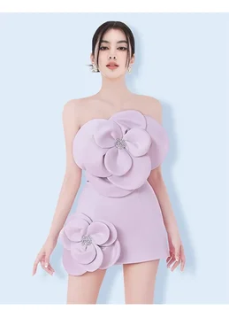 Светло-фиолетовое женское платье для выпускного вечера, сексуальное короткое мини-платье для вечеринки с 3D цветочным рисунком, офисная женская деловая рабочая одежда