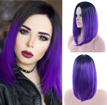 Синтетические волосы Soowee от черного до фиолетового цвета, волосы Омбре, Короткий Боб, Короткие парики, прямые волосы, фиолетовый парик для косплея для женщин