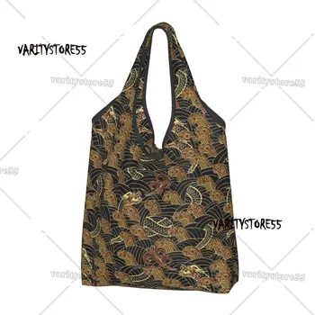 Сумка для покупок с черными и золотыми драконами, женская сумка-тоут, портативные сумки для покупок в японской волне