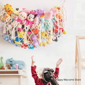 Украшение стен для хранения плюшевых игрушек в скандинавской детской комнате, сетка для чучел животных или гамак для плоского настенного монтажа, макраме ручной работы.