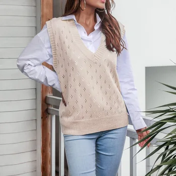 Элегантный модный женский свитер, жилет, пуловер, новинка осени 2023, вязаный на цепочке с V-образным вырезом, однотонный жилет прямого кроя, свитера