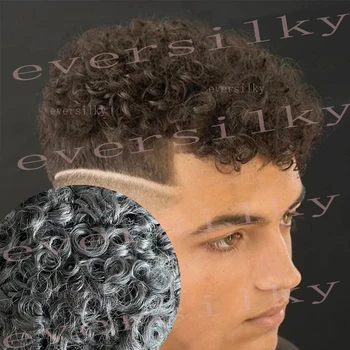 18 мм Афро Глубоко вьющиеся коричневые Светлые Черные мужские парики из человеческих волос Система Супер Прочный Парик Из искусственной кожи Мужской серый протез