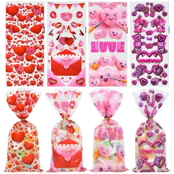 50ШТ С Днем Святого Валентина, целлофановые пакеты для угощений, пластиковые прозрачные пакеты для конфет с красными сердечками, свадебные пакеты для печенья с закручивающимися завязками