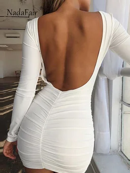 Nadafair, облегающее платье с открытой спиной и глубоким вырезом, сексуальное клубное платье, женские белые Черные мини-платья для вечеринок с длинным рукавом 2022, осень-зима