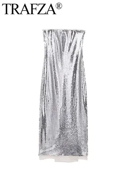 TRAFZA, сексуальное женское облегающее платье с открытой спиной и открытыми плечами, женское элегантное платье без бретелек с однотонными блестками, женское вечернее клубное платье 2024