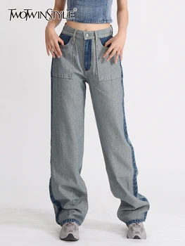 TWOTWINSTYLE Повседневные женские джинсы с карманами, высокая талия, лоскутная застежка-молния, винтажная свободная джинсовая одежда в женском модном стиле