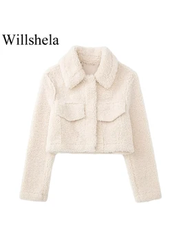 Willshela Женская мода с карманами, однобортные укороченные куртки, винтажный вырез с лацканами, длинные рукава, шикарные женские наряды