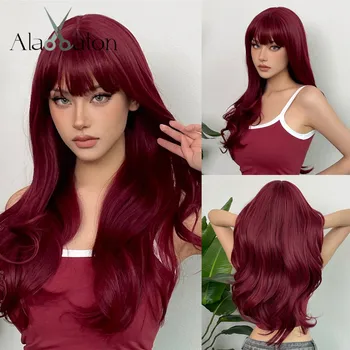 АЛАН ИТОН, Красный Длинный натуральный волнистый парик, высокотемпературные синтетические парики с челкой, красные красочные волосы для косплея на вечеринку для чернокожих женщин
