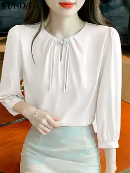 Блузка Модные рубашки 2023 Лето VONDA Женские атласные шелковые топы с пышными рукавами Элегантный круглый вырез Повседневные однотонные женские блузы