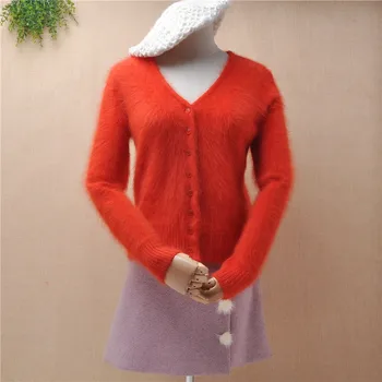 дамы женская мода волосатый мех ангорского кролика вязаный с v-образным вырезом рождественский красный с длинными рукавами тонкие кардиганы норковая кашемировая куртка пальто