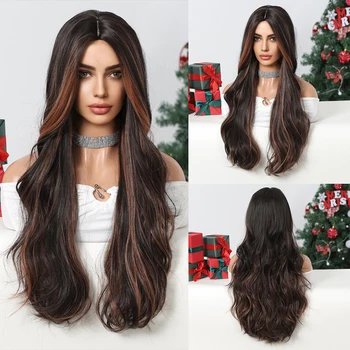 Длинные темно-коричневые парики с подсветкой для женщин, волнистые парики средней части, натуральные Мягкие термостойкие синтетические волосы для ежедневных рождественских вечеринок