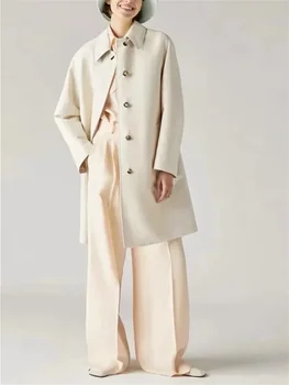 Женская куртка с отложным воротником, однобортные карманы, 2023, Осенне-зимнее свободное пальто средней длины