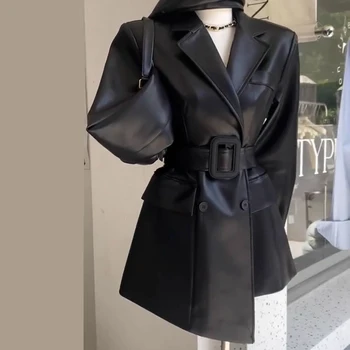 Женская одежда ранней осенью 2023 года, новые популярные фасоны, уникальная кожаная куртка кофейного цвета, весна и осень
