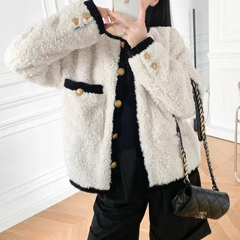 Женское пальто 2023, Осенне-зимняя повседневная Свободная верхняя одежда из овечьей шерсти с прямым круглым вырезом