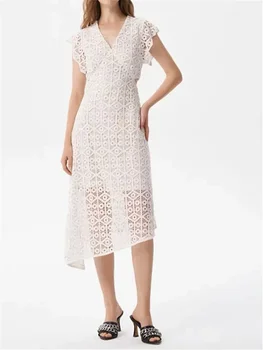 Женское платье 2023, Новое летнее платье с кружевной талией, оборками, V-образным вырезом, завышенной талией, Милое платье до середины икры